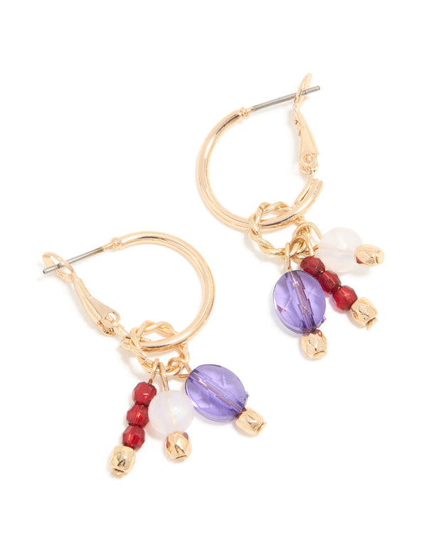 Gold Red White Purple Beaded Charm Hoop Earrings