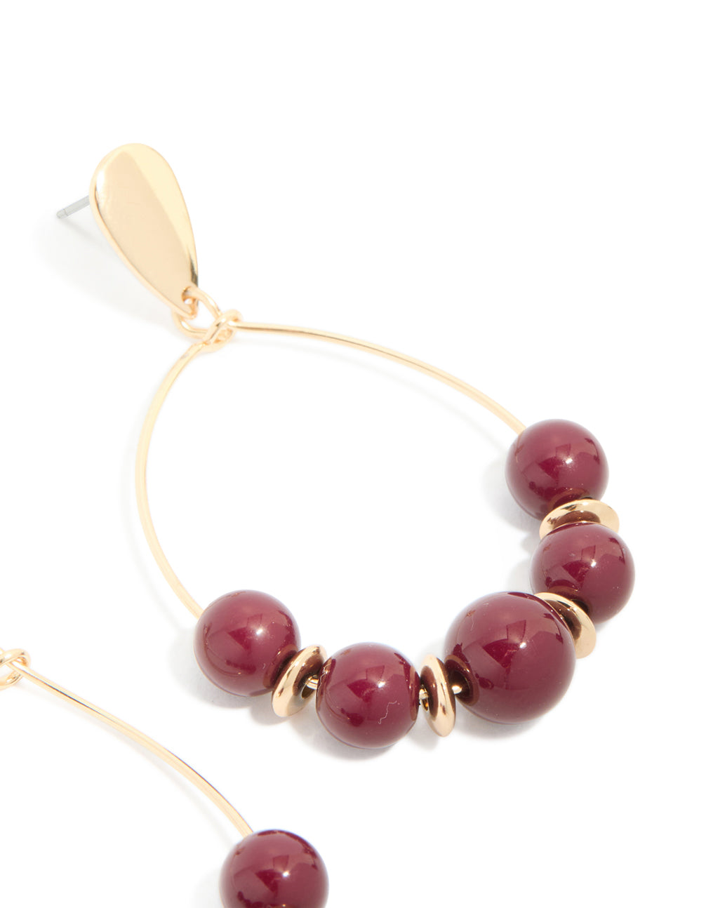 Gold Dark Red Beaded Drop Earrings