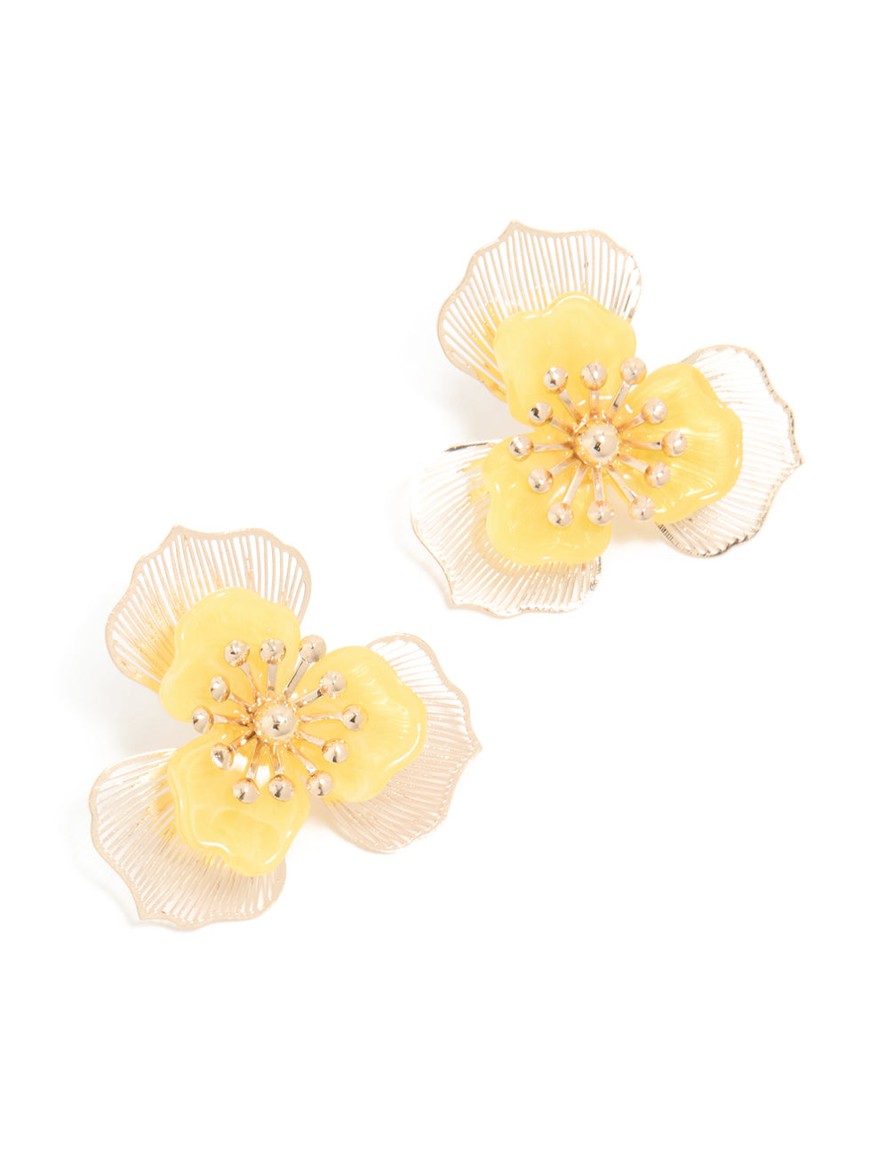 Gold Yellow Flower Metal Stud Earrings
