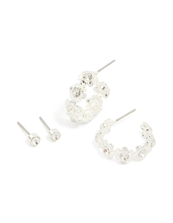 Silver Diamante Flower Hoop & Classic Stud Earrings 2-Pack