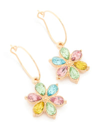 Crafted from gold multicoloured diamante flower huggie earrings with pink, yellow, and aqua accents in huggie closure front view - link has visual effect only