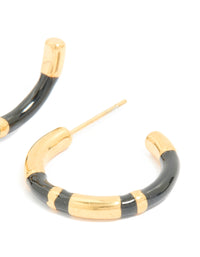 Waterproof Gold Plated Stainless Steel Small Black Enamel Stripe Hoop Earrings - link has visual effect only