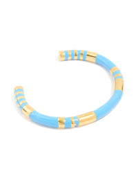 Waterproof Gold Plated Stainless Steel Stripe Blue Enamel Wrist Cuff - link has visual effect only