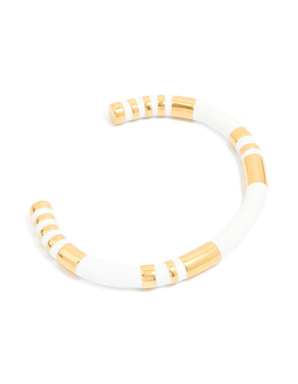 Waterproof Gold Plated Stainless Steel Stripe White Enamel Wrist Cuff