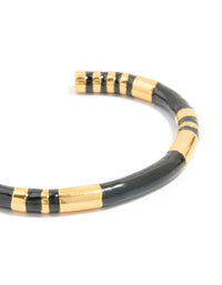 Waterproof Gold Plated Stainless Steel Striped Black Enamel Wrist Cuff - link has visual effect only