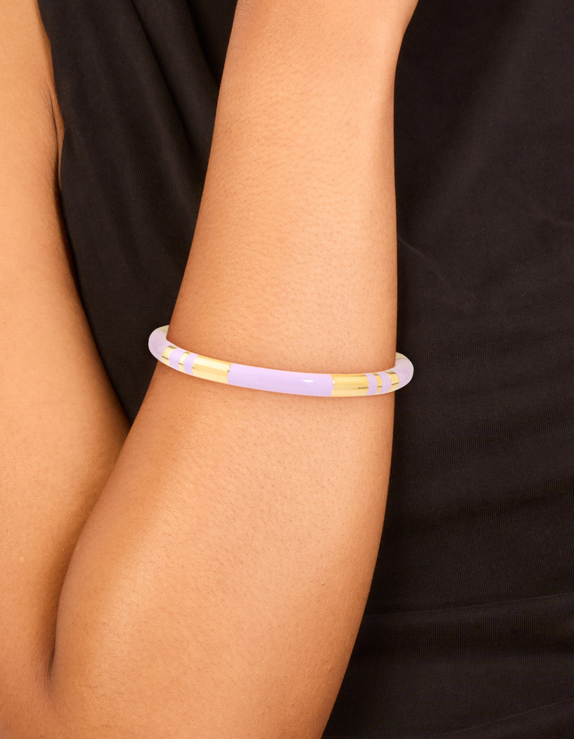 Waterproof Gold Plated Stainless Steel Lilac Enamel Striped Wrist Cuff