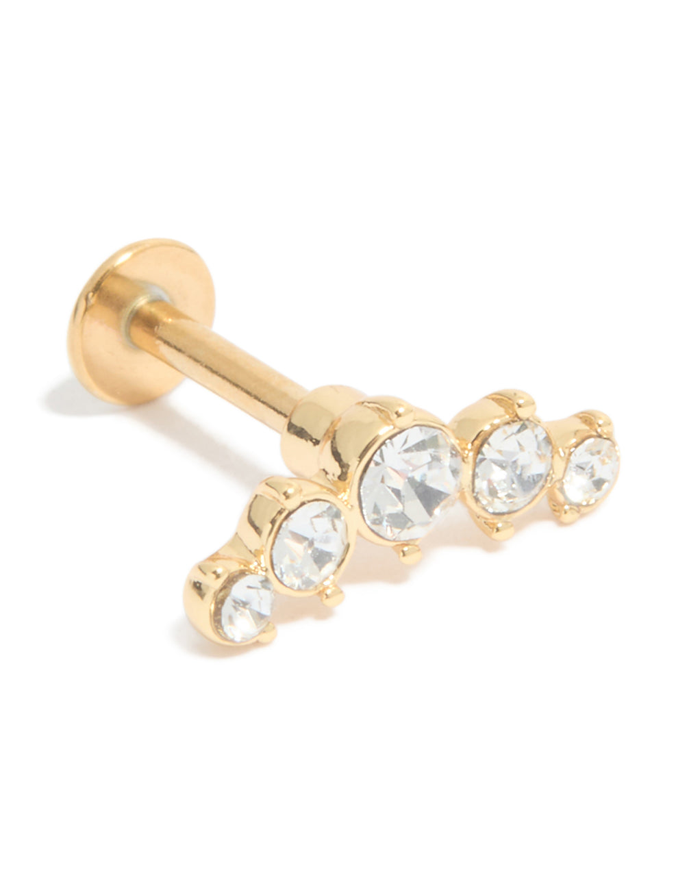 Showcasing a statement crawler stud earring crafted from titanium with cubic zirconia stones and flat back closure in gold front view