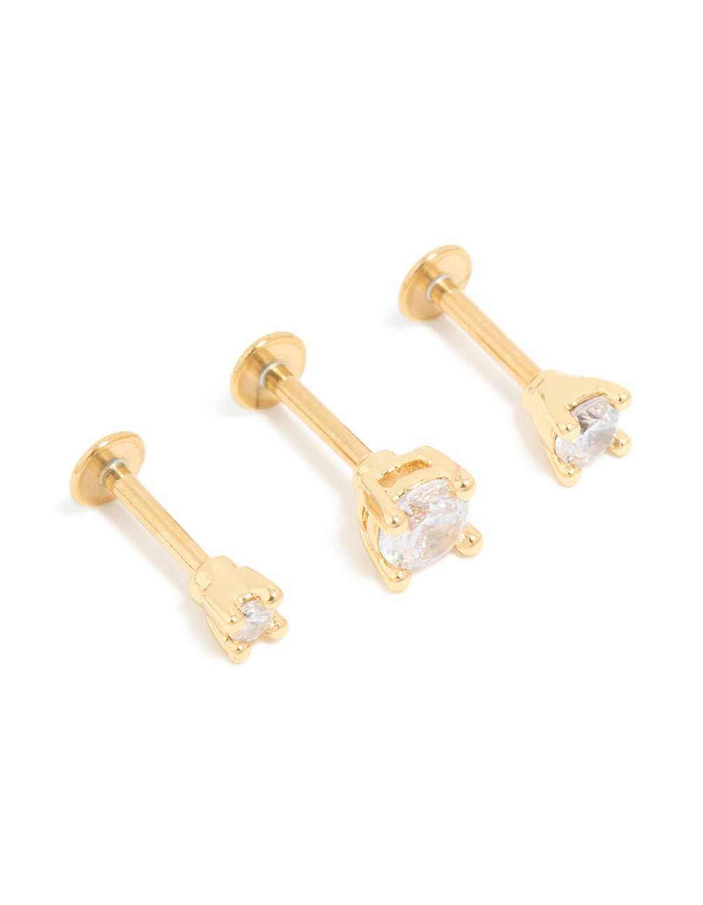 Gold Plated Titanium Cubic Zirconia Graduated Flat Back Studs 3-Pack