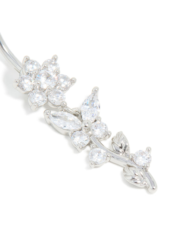 Surgical Steel Cubic Zirconia Large Flower Vine Drop Belly Bar