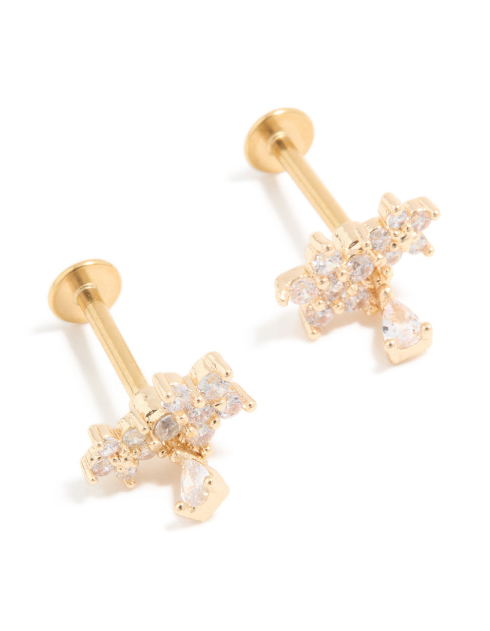 Gold Plated Surgical Steel Cubic Zirconia Flower Teardrop Flat Back Studs