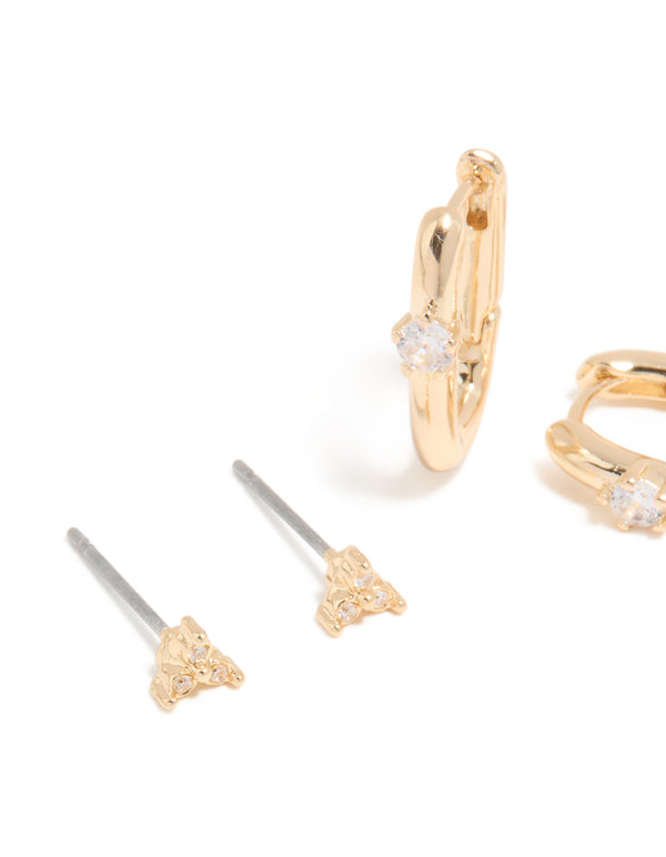 Gold Cubic Zirconia Rectangle Huggie & Stud Earrings 3-Pack