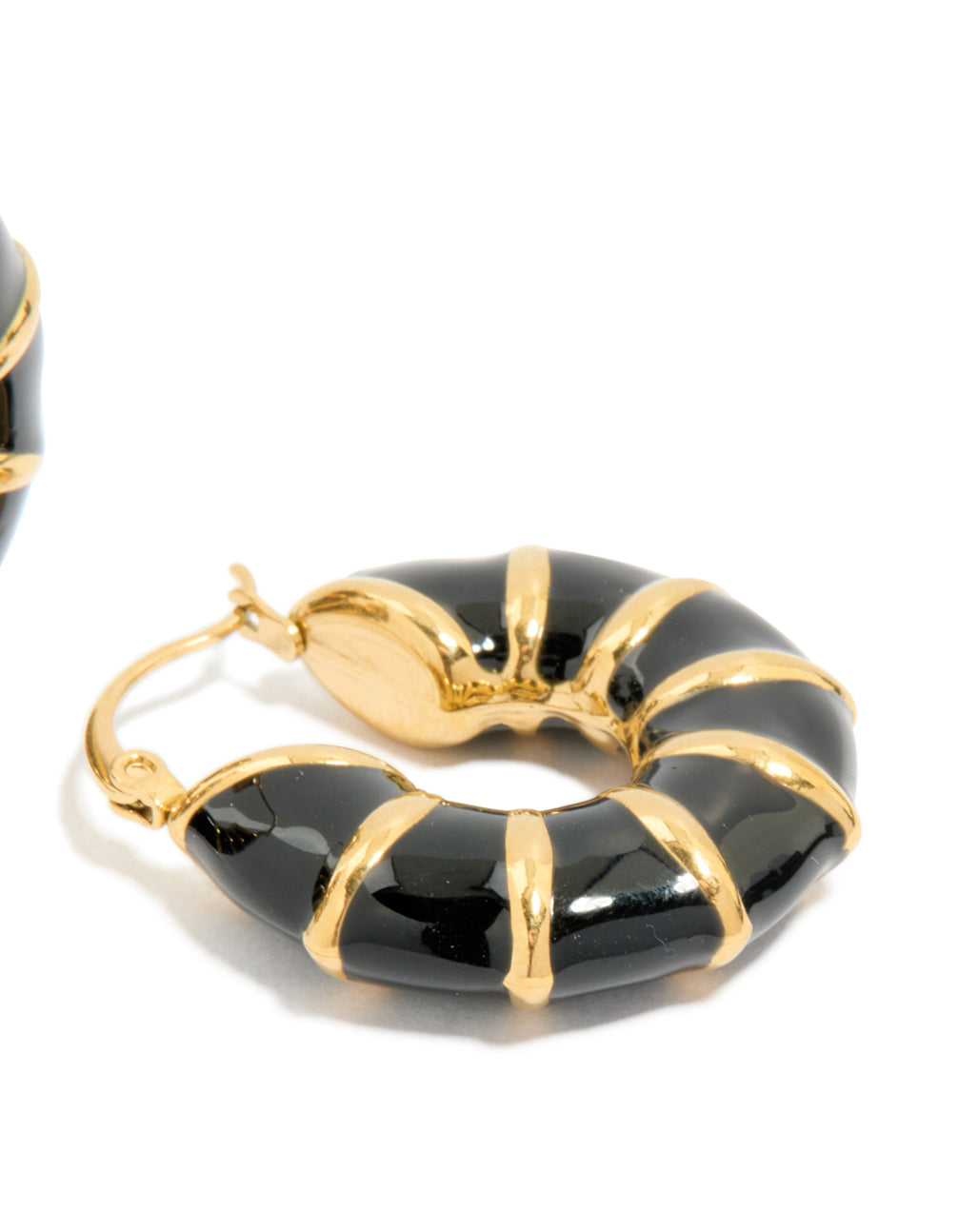 These statement hoop earrings feature waterproof stainless steel with black enamel bamboo detailing and plated finish in gold post detail view