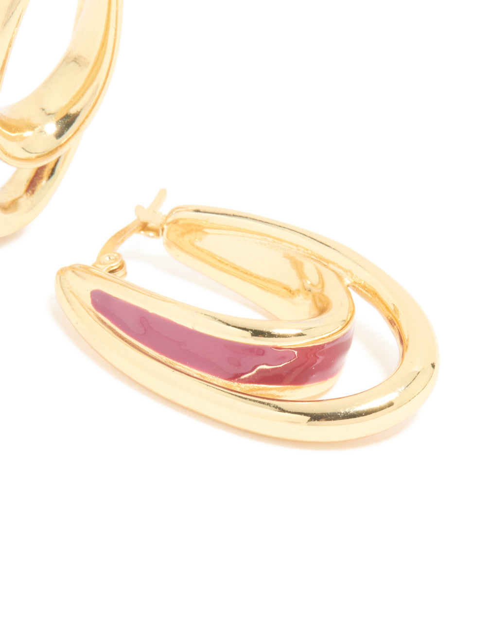 Explore waterproof hoop earrings in stainless steel with red enamel, statement design and maroon finish post detail view