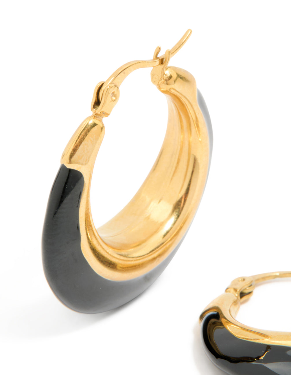 Highlighting waterproof gold plated stainless steel short hoop earrings with black enamel close up view