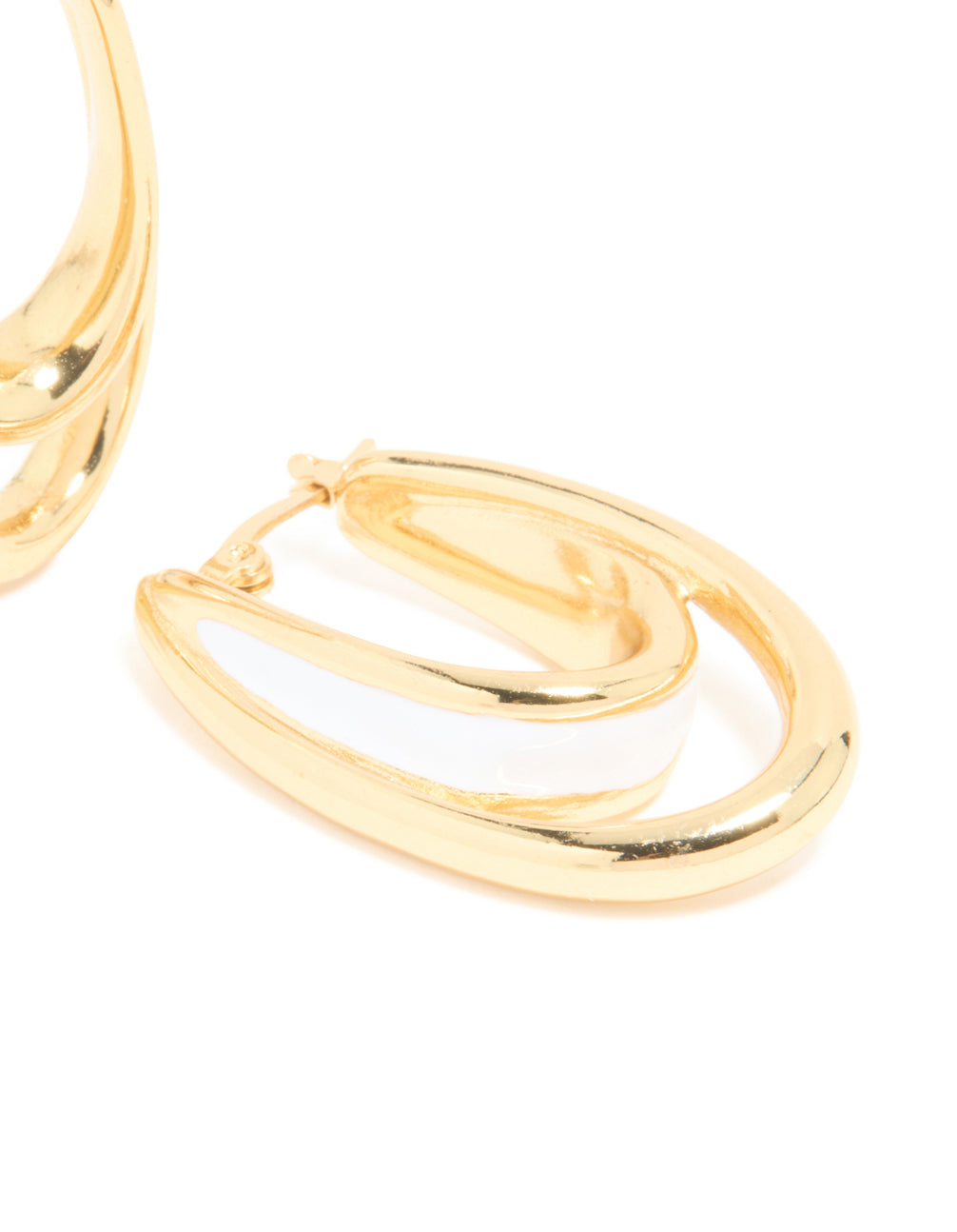 Highlighting statement waterproof gold plated stainless steel white enamel double illusion hoop earrings post detail view
