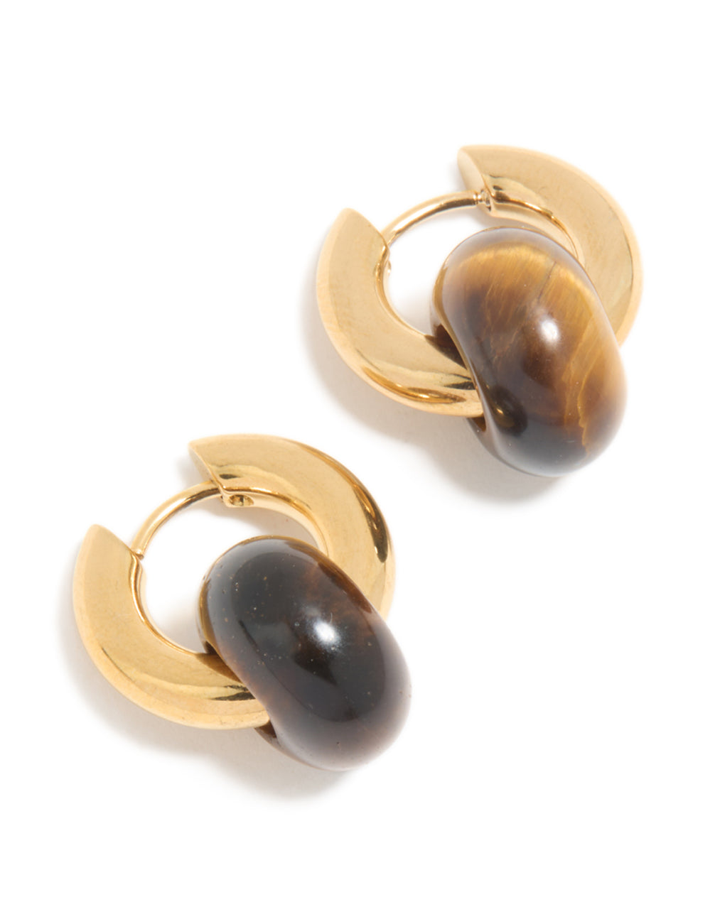 Featuring dainty huggie earrings in waterproof gold plated stainless steel and semi precious tiger's eye stone front view
