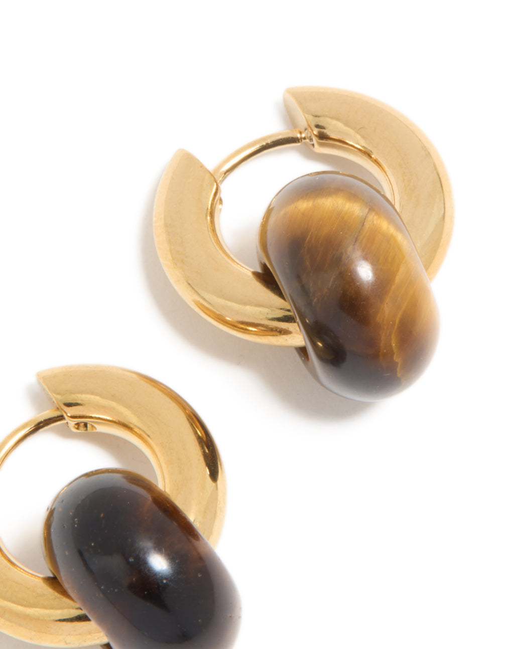 Elegant dainty huggie earrings with charm in waterproof gold plated stainless steel and semi precious tiger's eye stone highlighting closure post detail view