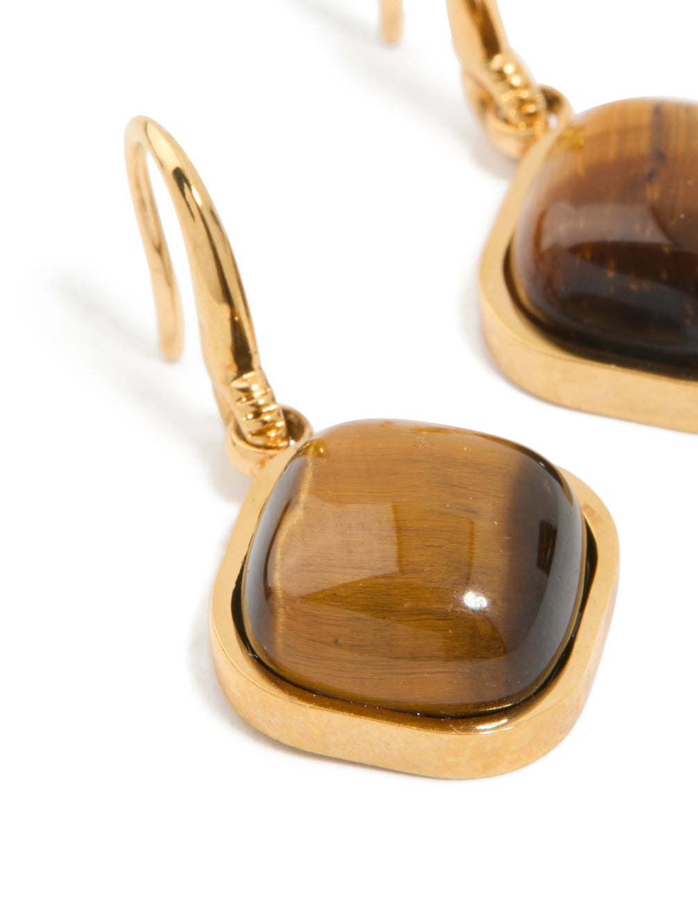 Highlighting statement waterproof gold plated stainless steel tiger's eye semi precious stone earrings close up view