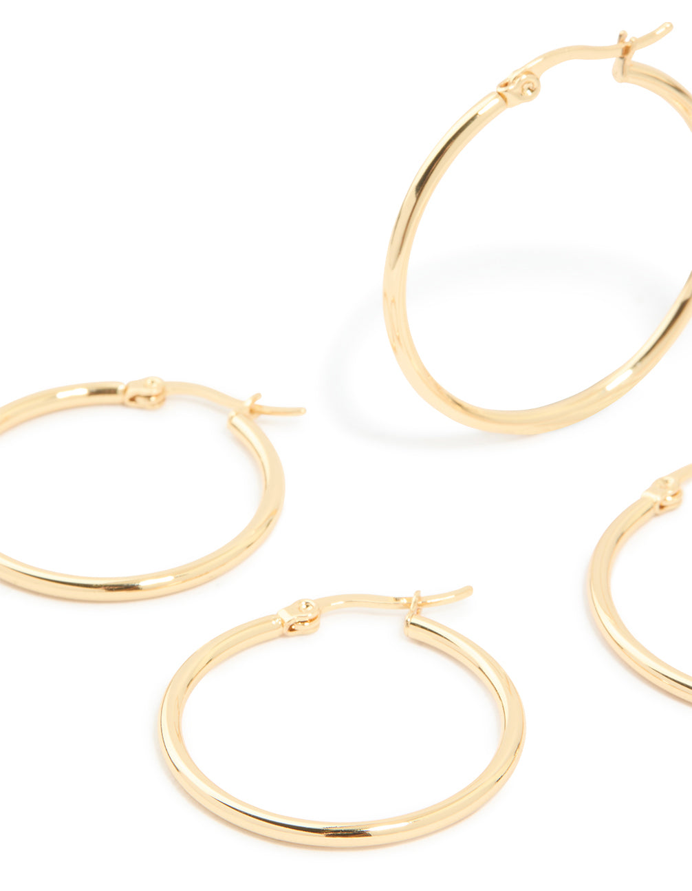 Crafted from waterproof gold plated stainless steel large thin mix hoop earrings 3-pack close up view