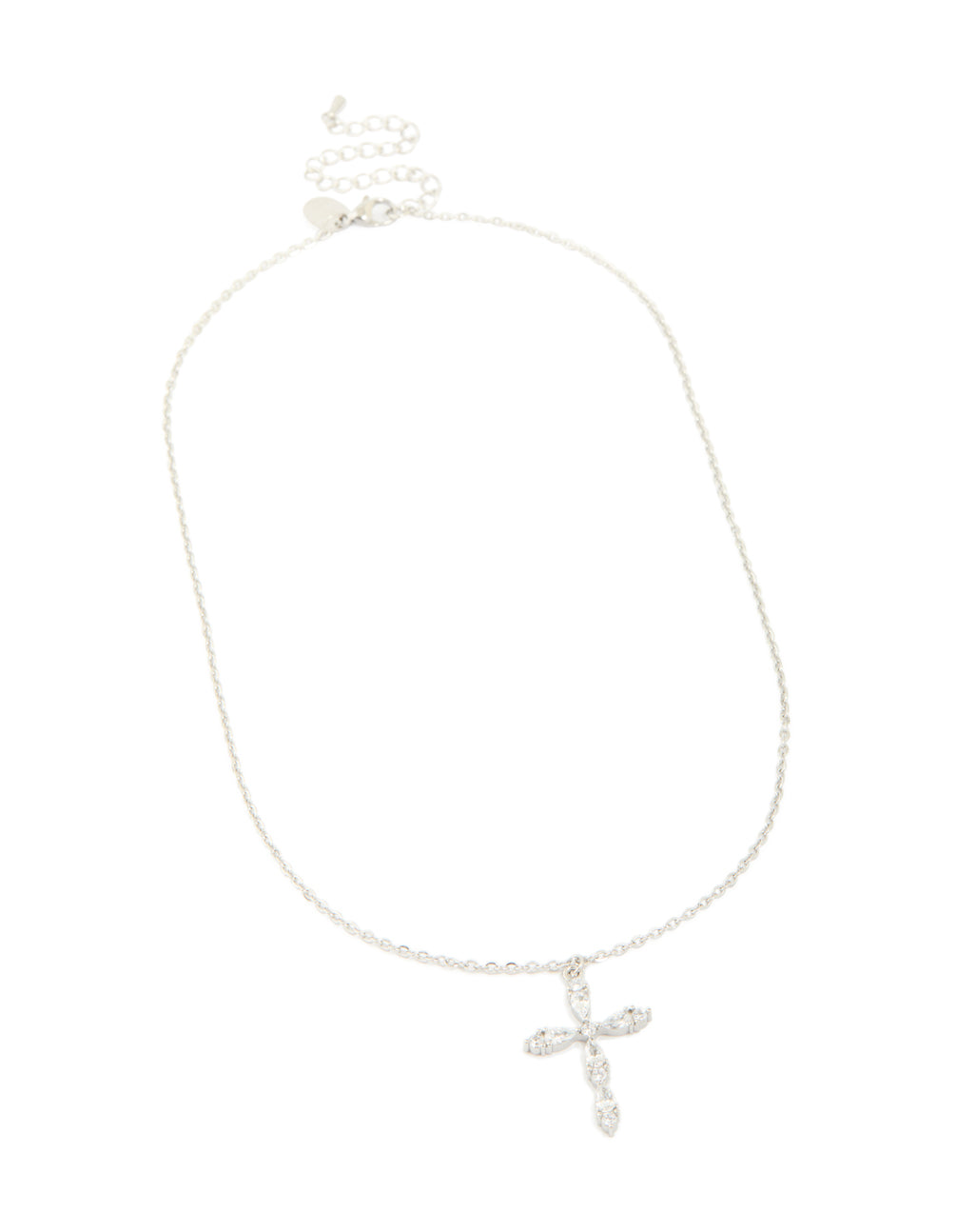 Featuring a waterproof stainless steel multi cubic zirconia large cross necklace with statement details in silver and clear front view