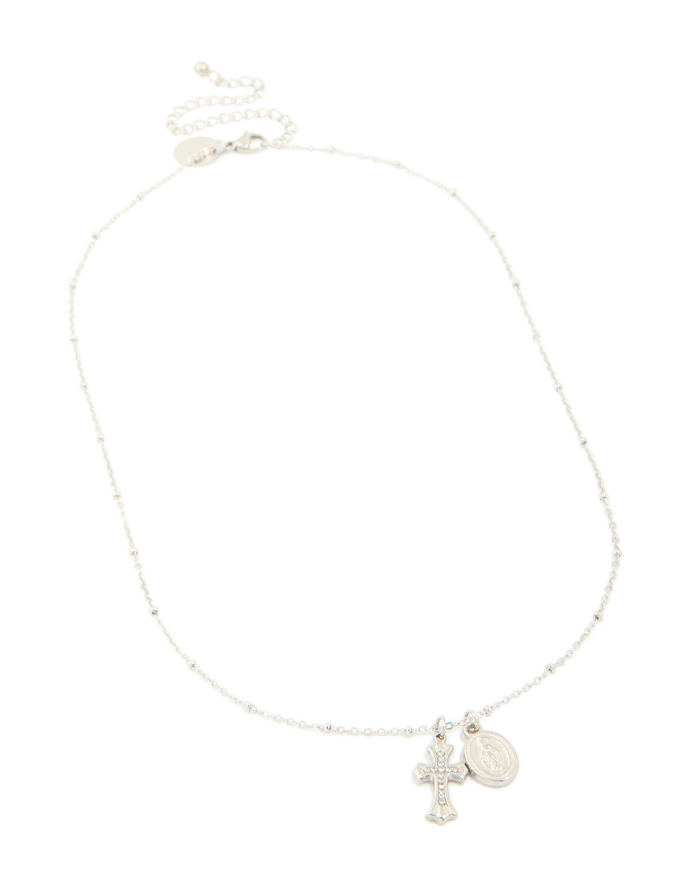 Crafted from waterproof stainless steel necklace with mary charm, cross, and balls in silver featuring statement styling front view