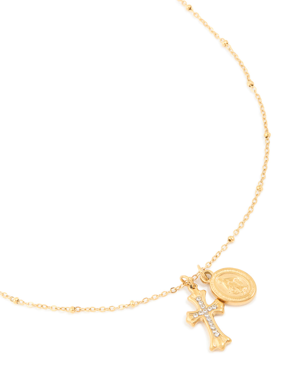 Featuring a waterproof gold plated stainless steel Mary and Cross necklace with angel coin charm and cross pendant accented with balls close up view