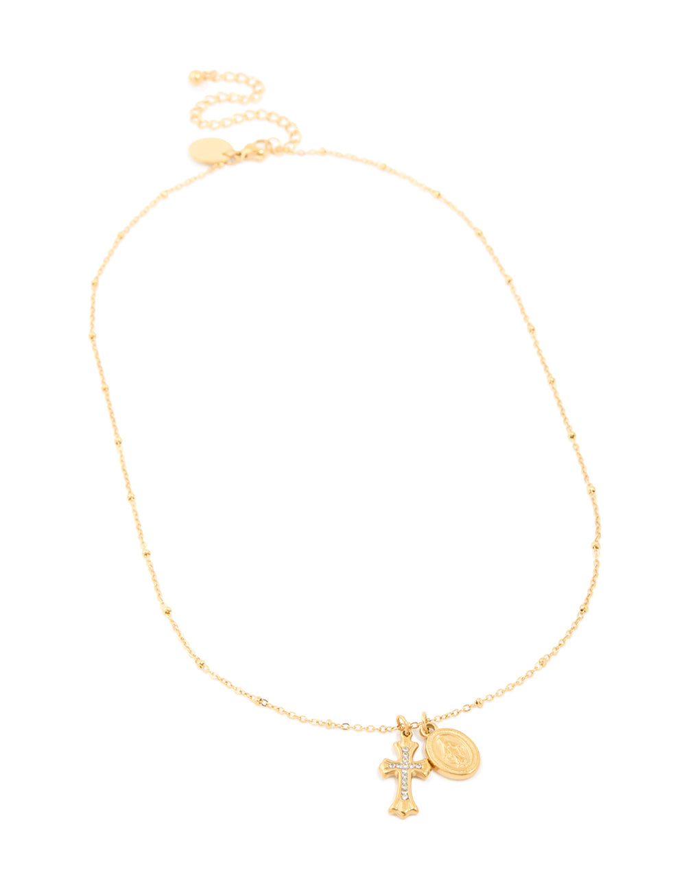 Showcasing a waterproof gold plated stainless steel Mary and Cross necklace with angel coin charm and cross pendant accented with balls front view