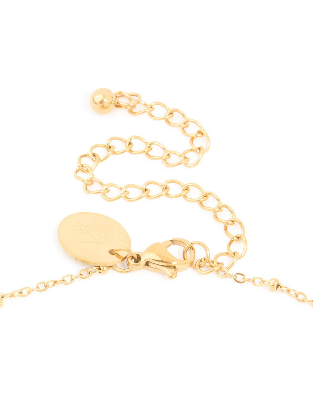 A waterproof gold plated stainless steel Mary and Cross necklace featuring angel coin charm and cross pendant accented with balls clasp detail view