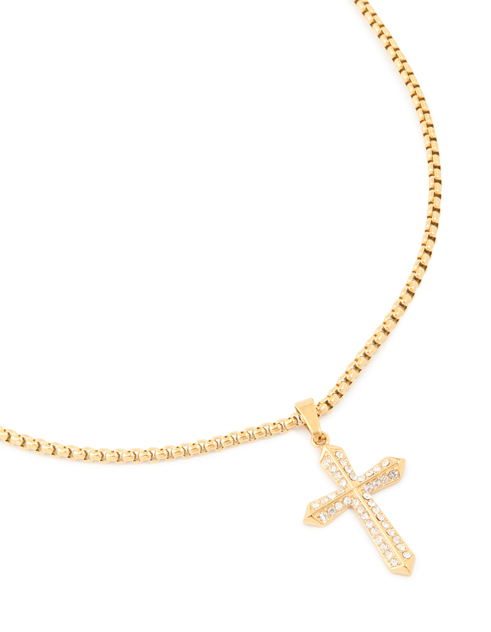 Featuring a waterproof cross necklace with cubic zirconia pavé detailing and crafted from gold plated stainless steel close up view