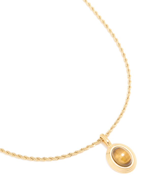 Waterproof Gold Plated Stainless Steel Tiger's Eye semi Precious Stone Pendant Necklace