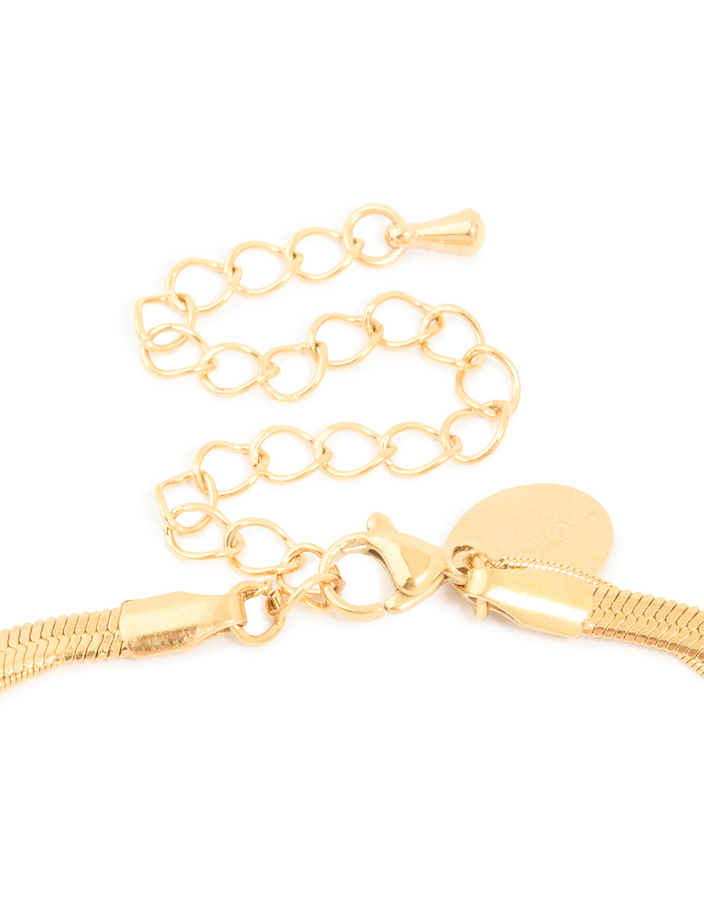 Detailed view of waterproof gold plated stainless steel snake chain and heart pendant layered necklace clasp detail view