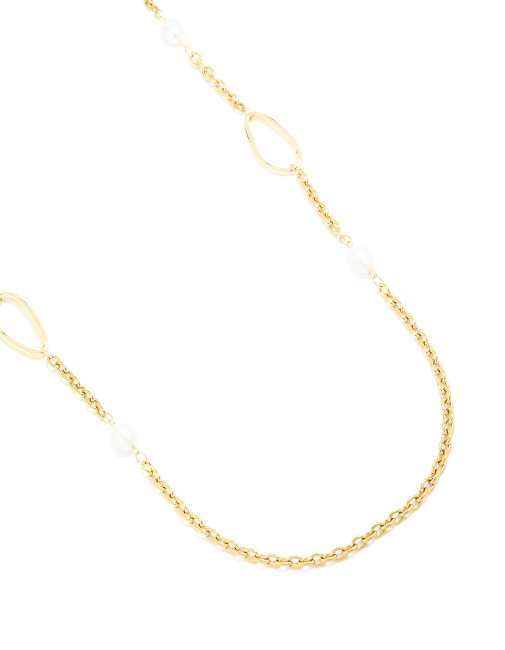 Featuring waterproof gold plated stainless steel freshwater pearl and open circles long necklace close up view