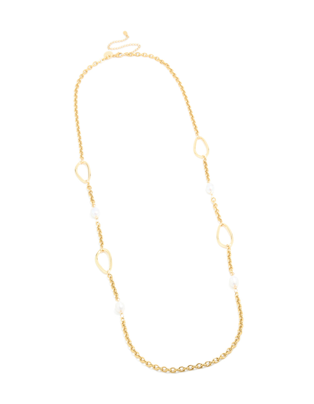 Showcasing waterproof gold plated stainless steel freshwater pearl and open circles long necklace front view