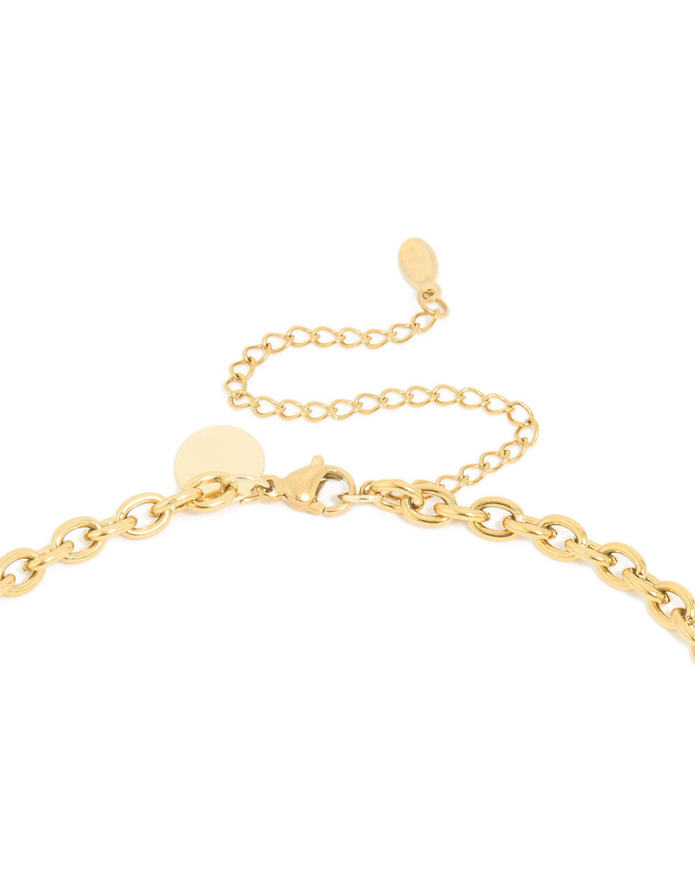 Highlighting waterproof gold plated stainless steel freshwater pearl and open circles long necklace clasp detail view