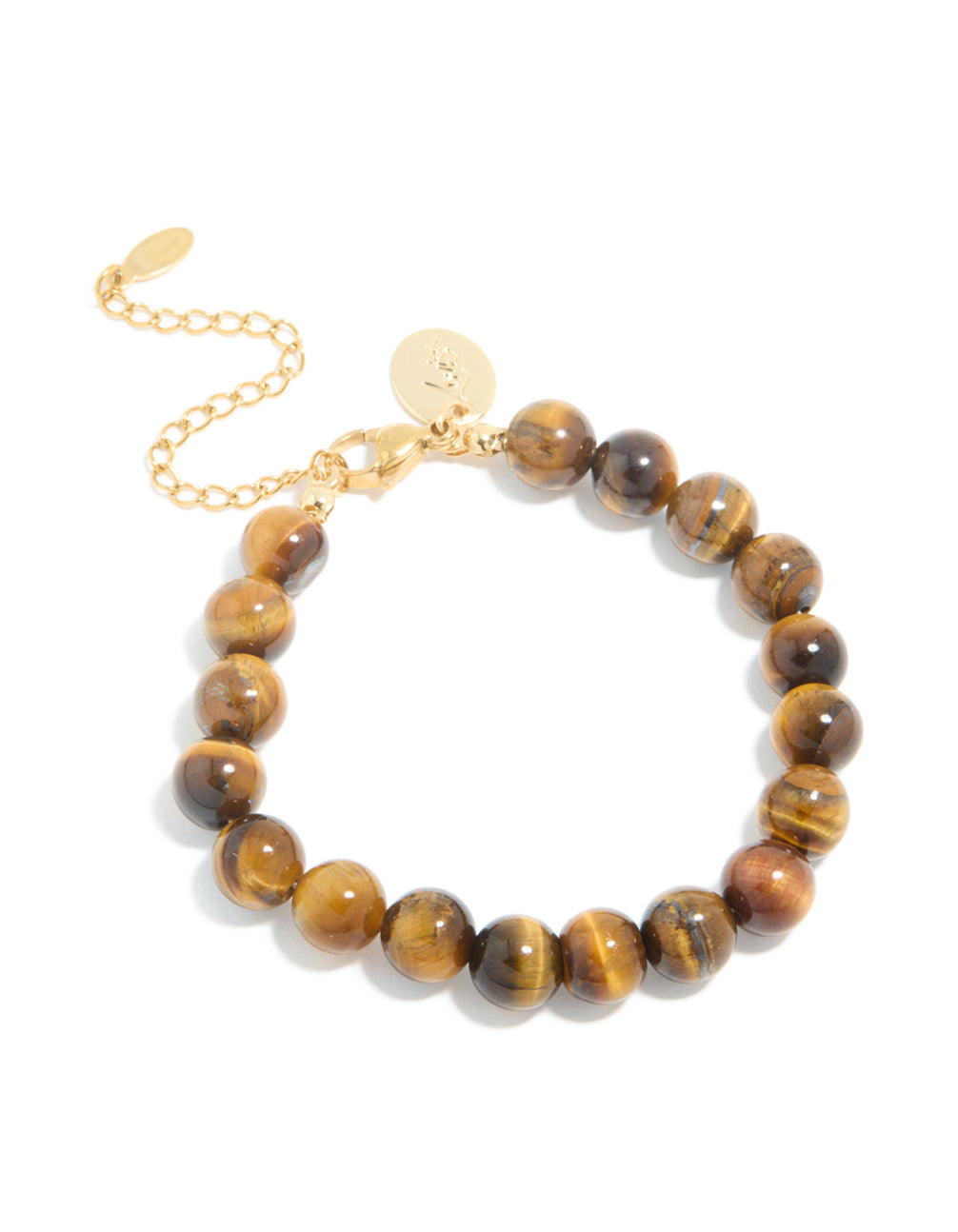 Showcasing a beaded bracelet crafted from waterproof gold plated stainless steel with tigers eye semi precious stone in gold front view
