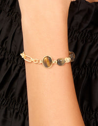 Waterproof Gold Plated Stainless Steel Bead & Tigers Eye Semi Precious Stone Beads Bracelet - link has visual effect only