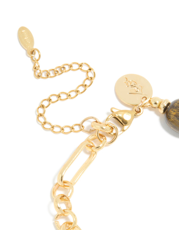 Waterproof Gold Plated Stainless Steel Bead & Tigers Eye Semi Precious Stone Beads Bracelet