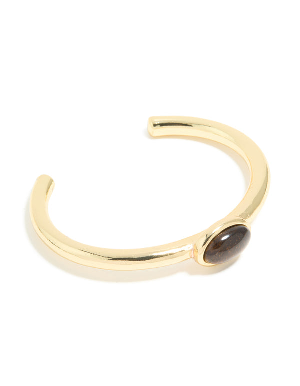Waterproof Gold Plated Stainless Steel Tigers Eye Semi Precious Stone Open Wrist Cuff