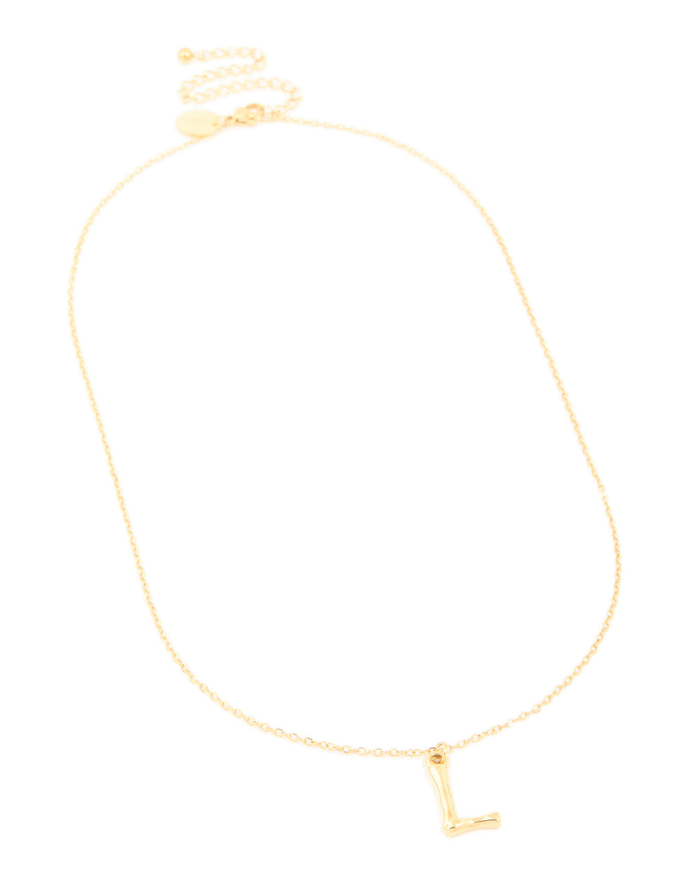 Showcasing a waterproof bamboo letter L pendant necklace crafted from gold plated stainless steel with initial design front view