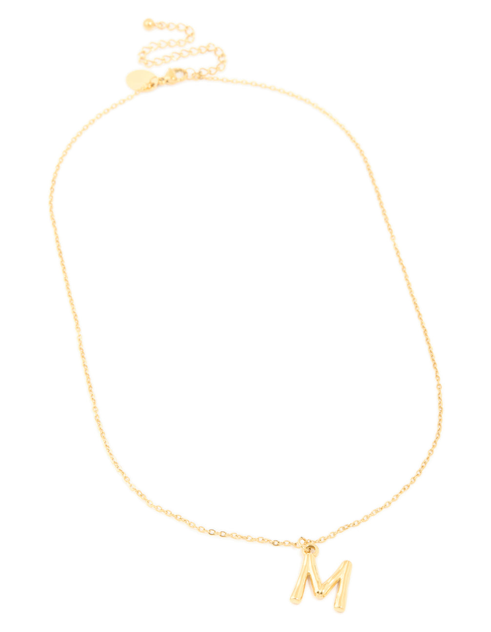 Featuring a waterproof gold plated stainless steel bamboo letter M dainty style necklace with initials pendant front view