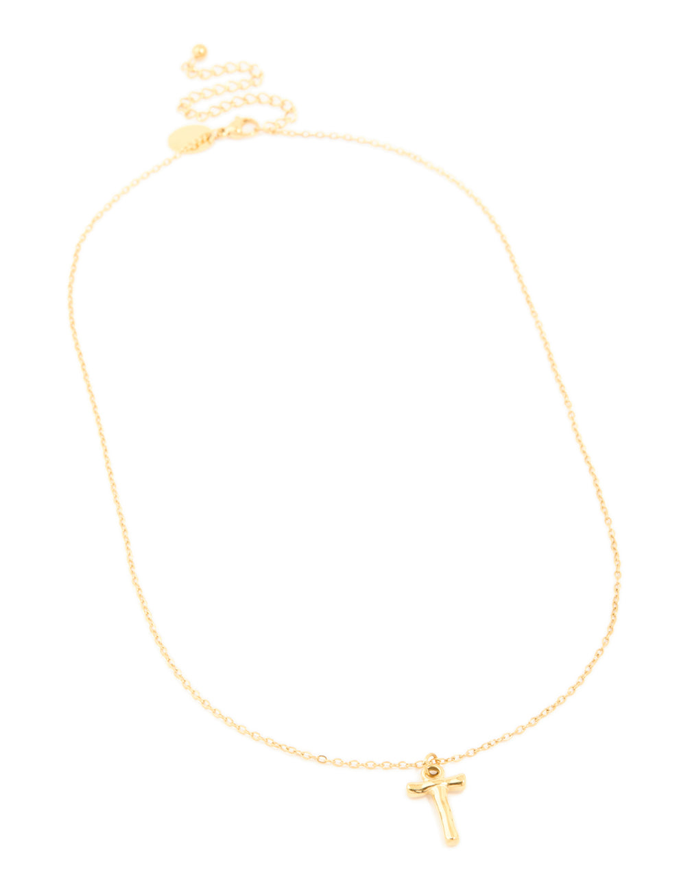 Stylish waterproof bamboo letter T necklace with initial feature pendant crafted from gold plated stainless steel front view