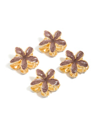 Showcasing gold small brown frangipani flower claw clips in a 4-pack front view - link has visual effect only