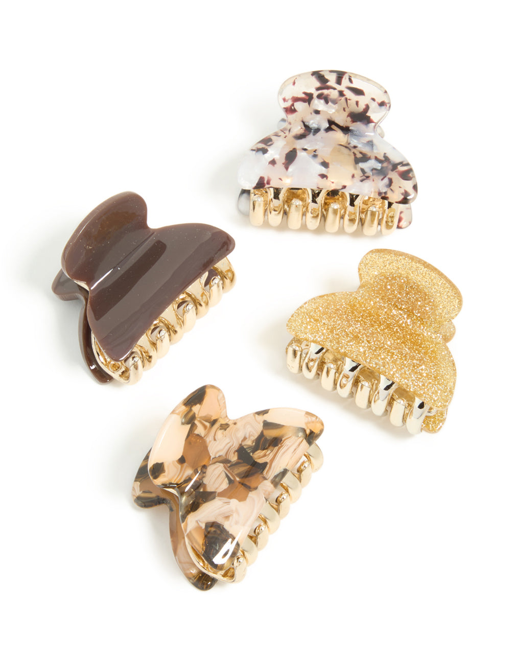 Showcasing brown and gold acrylic claw clips in a 4-pack featuring glitter accessories front view