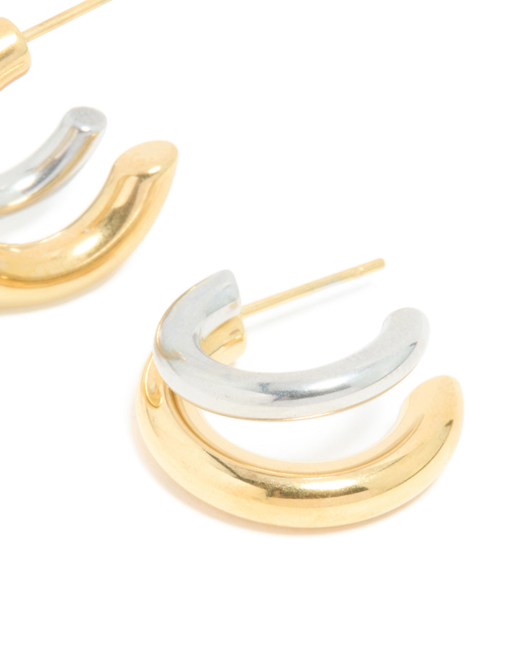 Crafted from waterproof mixed metal plated stainless steel double illusion hoop earrings in statement style post detail view