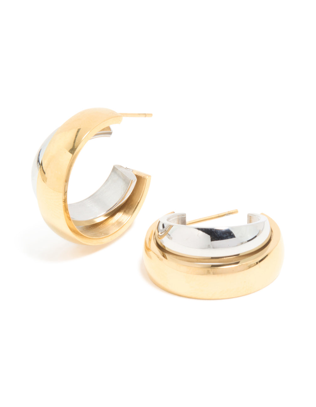 Waterproof mixed metals plated stainless steel small illusion hoop earrings in gold and silver front view