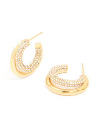 Waterproof Gold Plated Stainless Steel Cubic Zirconia Pave Double Large Illusion Hoop Earrings - link has visual effect only