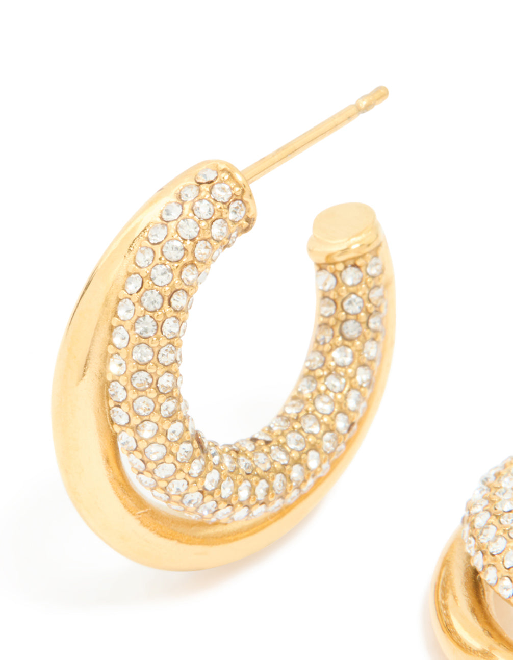 Highlighting waterproof statement hoop earrings in gold plated stainless steel featuring cubic zirconia pave double large illusion detail close up view