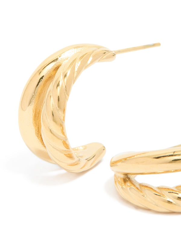 Waterproof Gold Plated Stainless Steel Ribbed Illusion Hoop Earrings