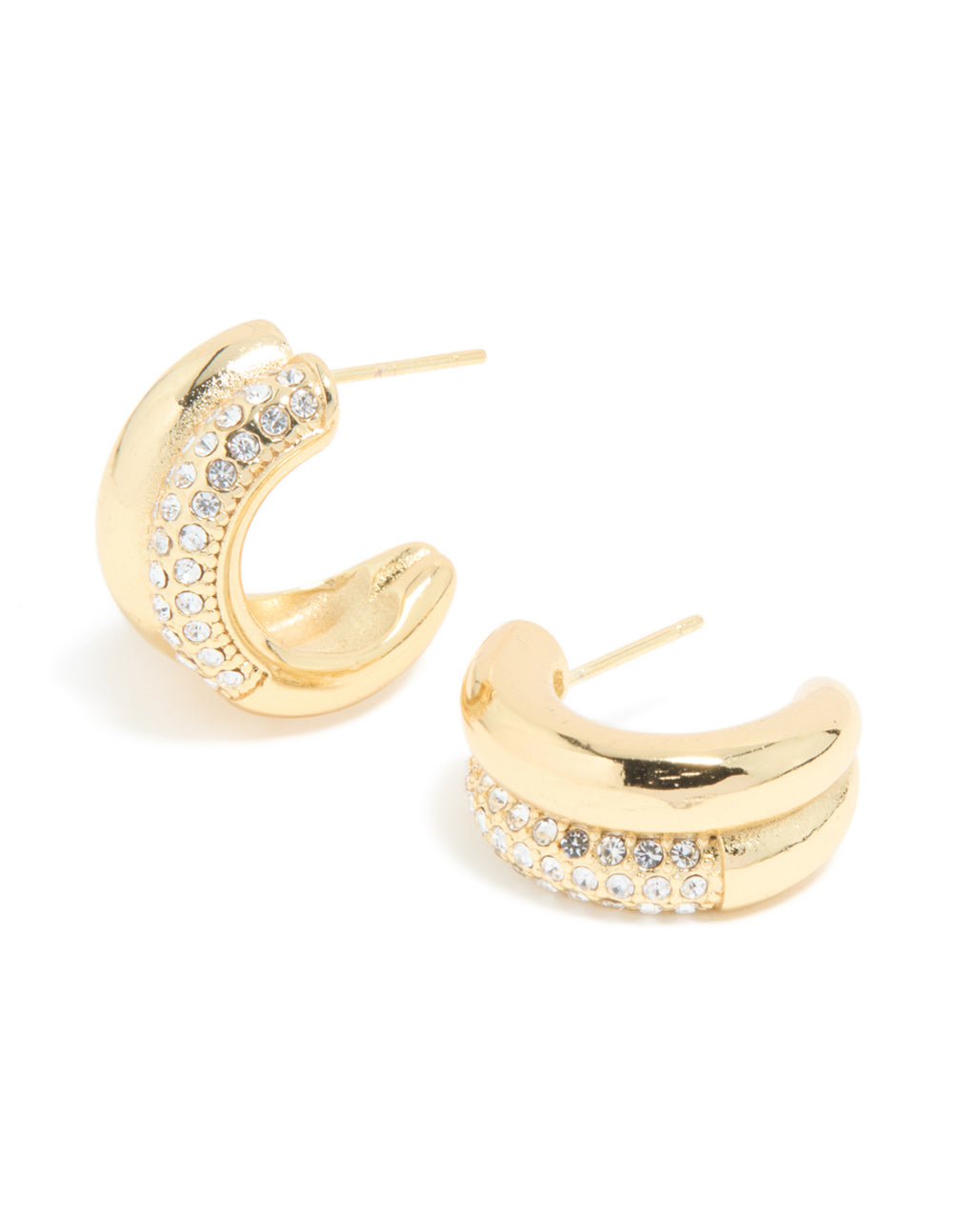 Showcasing statement hoop earrings crafted from waterproof gold plated stainless steel with cubic zirconia pave detailing front view