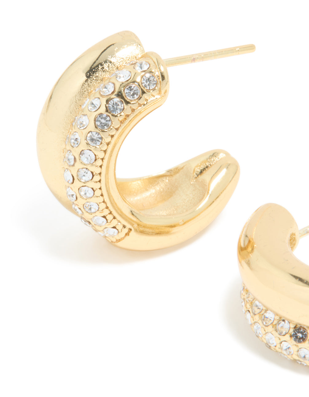 Highlighting the waterproof gold plated stainless steel cubic zirconia pave illusion hoop earrings with intricate detailing close up view